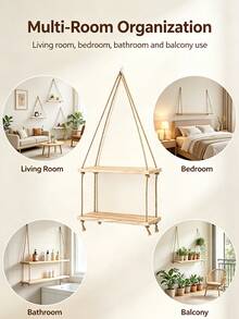 Bohemian Style Rope Hanging Plant Shelf - Wall-Mounted Rope Frame, Suitable For Plants, Artificial Wood Shelf, Space-Saving Decor For Living Room, Bedroom, Balcony - Easy Installation And Minimalist Aesthetic - Multicolor - View 8