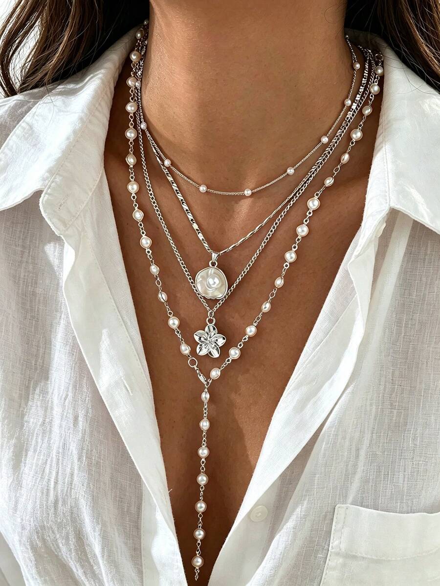 4pcs/Set Fashion Elegant Women's Floral Faux Pearl Shell Pendant Thin Chain Necklace Set, Layerable, Suitable For Daily Wear, Birthday, Party, Vacation, All Year Round, Holiday Gift, Perfect Gift Choice - Silver - View 1
