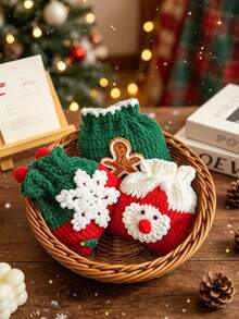 10/1pc Handmade Crochet Knitted Drawstring Storage Bag, Square Mini Soft Woven Pouch With Pom Pom Drawstring, 3D Santa Claus Snowflake Gingerbread Man Christmas Tree Applique Decor, Small Coin Purse, Christmas Holiday Party Decoration Gift Bag - Multicolor - View 3
