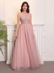 Women's Elegant Backless Sleeveless Long Tulle Ball Gown, Decorated With Applique And Sequin Details, Suitable For Prom And Formal Occasions - Dusty Pink - View 4