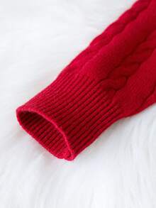 Girls' Preppy Style Geometric Pattern Cable Knit Hooded Cardigan Sweater, Long Sleeve, Suitable For Christmas, Daily Wear, School, Spring, Autumn, Winter - Red - View 7