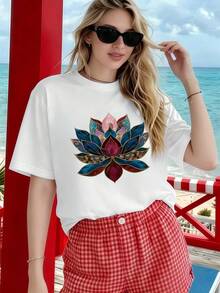Lotus Floral Print Women's T-Shirt, Soft Cotton, Relaxed Fit, Casual And Comfortable, Graphic Design. - White - View 1