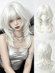 18 Inch White Fluffy Bangs Wig, Natural Layered Voluminous Synthetic Hair Wig, COSPLAY Women Daily Anime Character Role Play Party - Multicolor - View 4