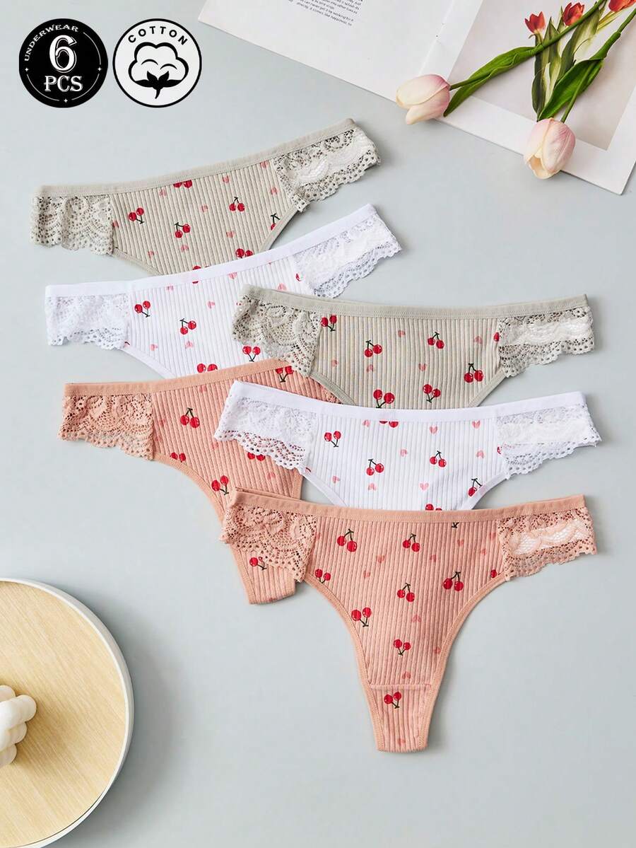 6pcs Women's Pure Cotton Panties, Cute Fruit Print Cherry Pattern, Low Waist Design, Home Style Women's Thongs - Multicolor - View 1