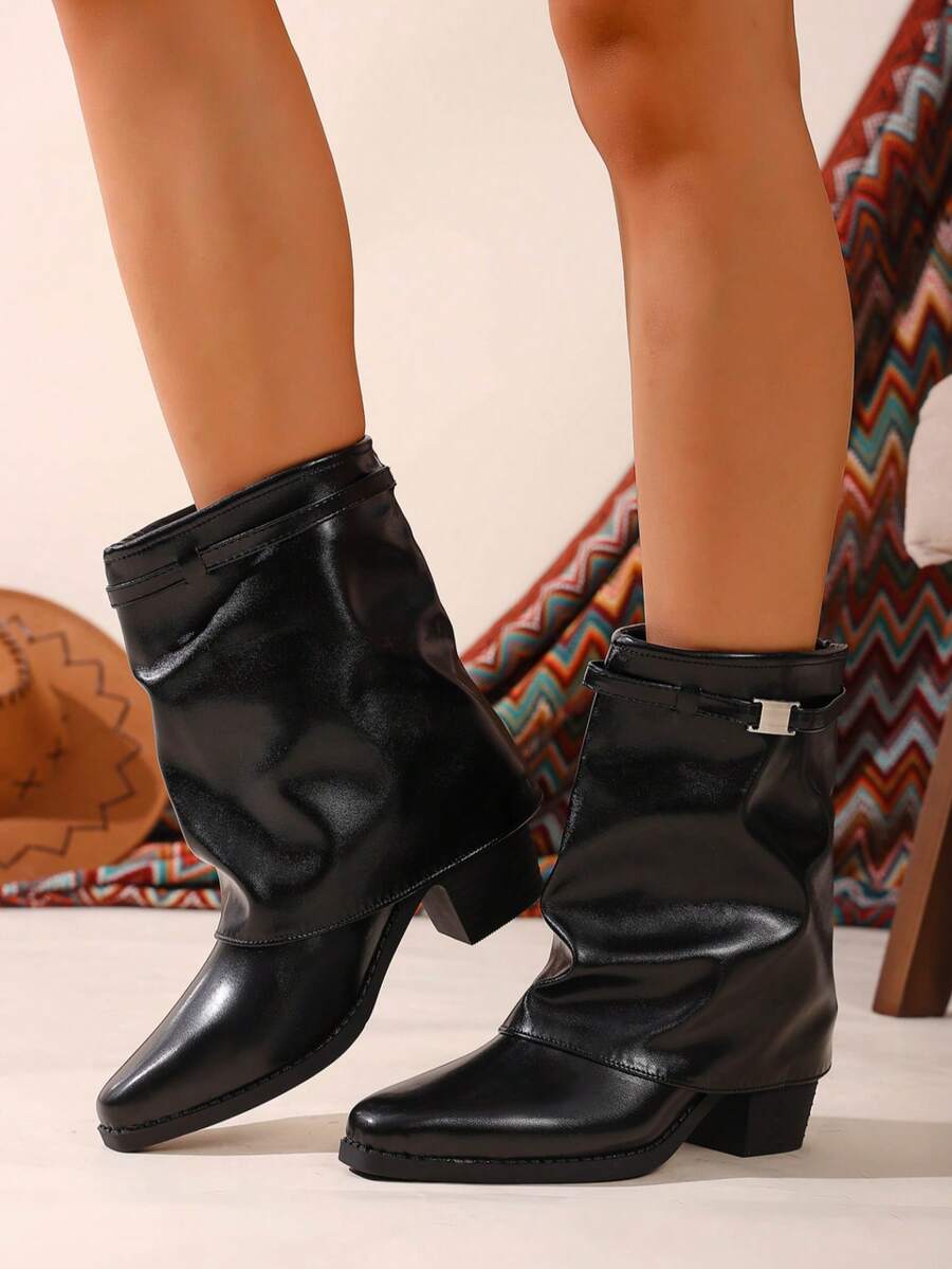 Autumn/Winter New Ankle Boots Slip-On Folded Design Buckle Decor Thick Heel Pointed Toe PU Material Black Boots Versatile Classic Color Women's Boots - Black - View 1