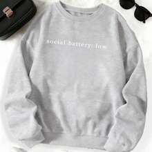 Women's Crew Neck Graphic T-Shirt, "Social Battery Low" Funny Text Print, Casual Vacation Daily Outfits - Grey - View 2