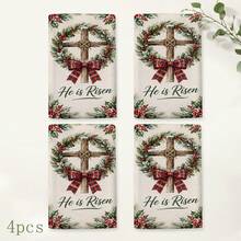 2pcs Christmas Wreath Print Kitchen Towels, He Is Risen English Text, Holly Red Berry Plaid Bow Pattern Hand Towels, Oven Door Decorative Hanging Towels, Holiday Home Kitchen Decor, 4/6/8pcs Box Set - Multicolor - View 10