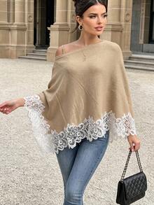 Suéter de Tricô com Ombro Frio Feminino, Top Assimétrica com Barra de Renda, Top Casual para Camadas no Outono/Inverno - Caqui - Visão 9