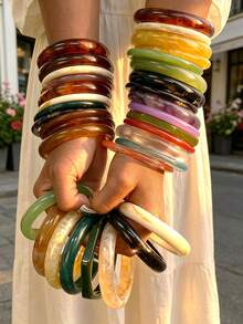 12/8/4pcs Multi-Piece Stackable Fashionable Minimalist Elegant Exquisite Vintage Design Colorful Resin Geometric Asymmetrical Marbled Pattern Shiny Chunky Bangle Bracelet Set, Holiday Vacation Party Date Gift, Daily Commute Wear, Personalized - Multicolor - View 2