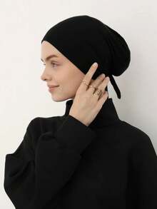 1pc Women's Fashion Solid Color Elastic Headband, Breathable, Comfortable Fit, Durable Wear. Compact Cap-Style Design Complements Headscarf, Suitable For Daily Wear. - Black - View 3