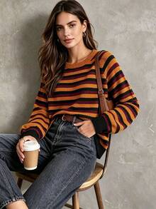 Women's Round Neck Color Block Striped Long Sleeve Autumn/Winter Soft Comfortable Loose Slouchy Knit Pullover, Daily Vintage Streetwear Top - Multicolor - View 1