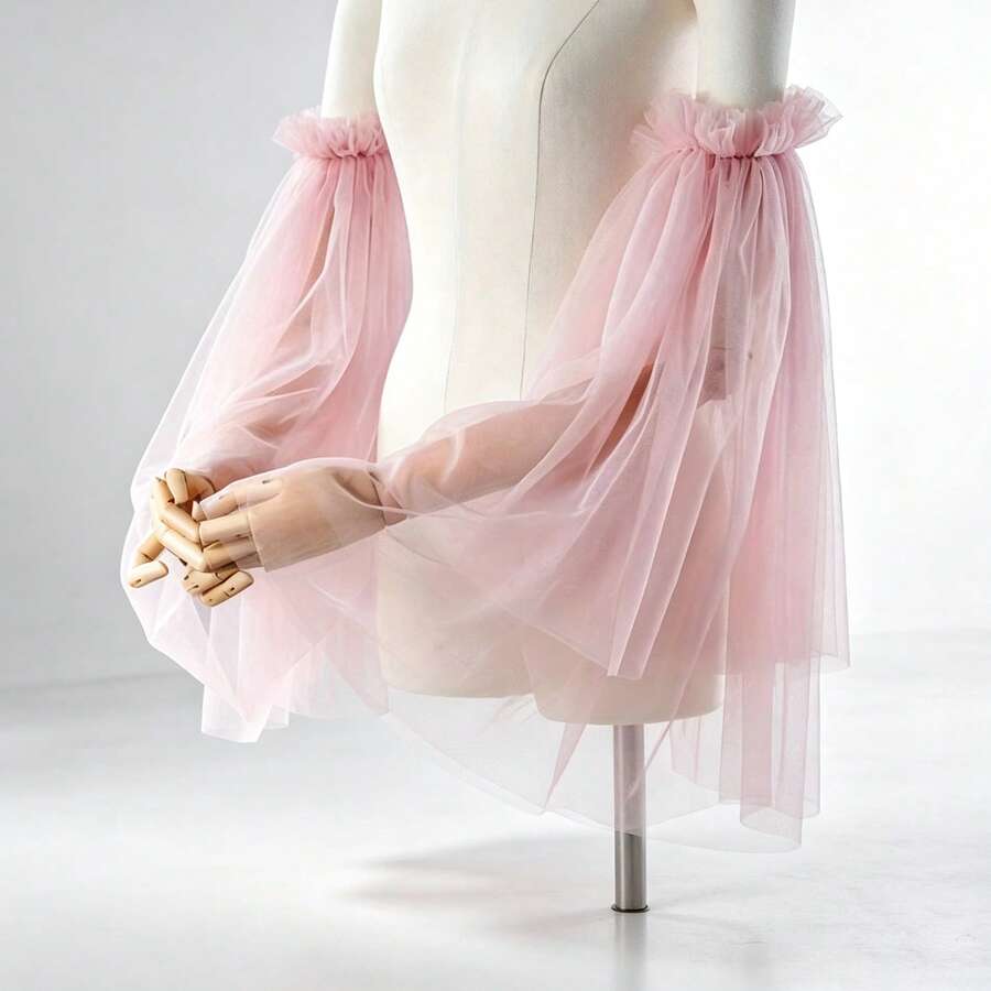 1 Pair Romantic Ruffle Long Loose Tulle Sleeve Cuffs, Exquisite Bridal Accessory, Suitable For Wedding Dress, Party And Travel Photography - Pink - View 1
