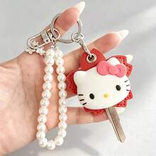SANRIO 1pc Vintage Red Maple Leaf Silicone Bow Cat Keychain With Double Layer Faux Pearl Chain Metal Lobster Clasp Key Ring, Dust-Proof Storage Cover, Cute Cartoon Bag Charm, Portable Commuter Accessory, Halloween Best Friend Gift - A - View 7