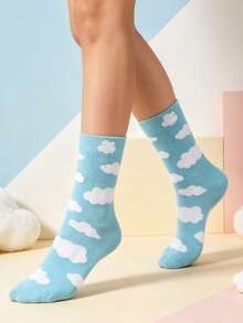 1 Pair Women's Cloud Print Mid-Calf Socks, Suitable For Daily Wear - Blue and White - View 3