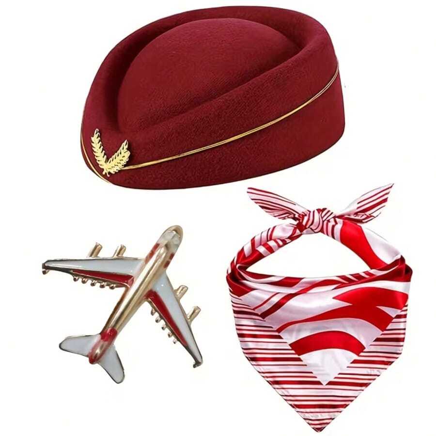 3pcs Women Flight Attendant Costume Accessories, Flight Attendant Hat With Air Stewardess Cosplay Costume Accessories For Halloween - Multicolor - View 1