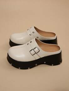 Metal Buckle Thick Sole Loafer Mule Slippers Studded Platform Closed Toe Slippers Women's Casual Slouchy Shoes - Off White - View 4