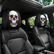 2件裝恐怖骷髏肖像印花汽車頭枕套，汽車座椅頭枕保護套，可水洗易清潔，彈性設計，四季通用，易安裝拆卸，適合自駕旅行、長途駕駛，萬聖節裝飾/聖誕裝飾 - A - 查看 3
