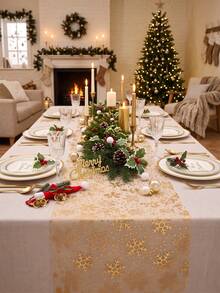 1pc Christmas Golden Foil Table Runner With Snowflake Pattern, 28*500cm Christmas Shiny Rectangular Mesh Tablecloth, Table Cover, Merry Christmas Decoration, Xmas Decor, Christmas Table Decor, Holiday Party Supplies, Winter Home Decor, Kitchen Decor - Snowflake - View 4