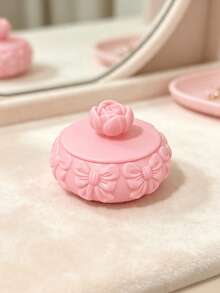 1/2pcs Embossed Bowknot Jewelry Storage Box With Lid, 3D Rose Decor Round Jewelry Box, Dust-Proof Ring Earring Necklace Storage Container, Vanity Girl Style Jewelry Organizer Decorative Box - Pink - View 5