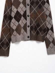 DEEKA Autumn/Winter New Women's European And American Style Fashion Minimalist Diamond Pattern Long Sleeve Single-Breasted Casual Cardigan Sweater - Brown - View 9