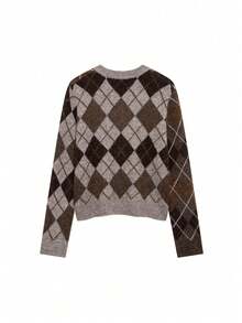DEEKA Autumn/Winter New Women's European And American Style Fashion Minimalist Diamond Pattern Long Sleeve Single-Breasted Casual Cardigan Sweater - Brown - View 4