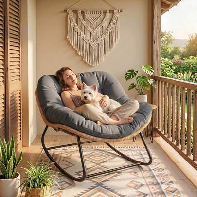 Indoor Outdoor Papasan Rocking Chair, Oversized Rocking Egg Chair With Cushion For Garden, Patio, Dark Gray