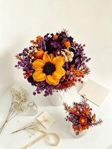 1 Set Artificial Autumn Color Floral Bouquet Set, For Home Decor, Valentine's Day Gift, Hand Bouquet And Corsage Set, Photography Props, Suitable For Bohemian Style Room Floral Decoration, Wedding Vase Bedroom Floor Decoration - Multicolor - View 7
