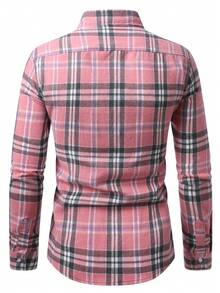 Men's Button Collar Long Sleeve Plaid Casual Shirt, Pink, Autumn/Winter - Pink - View 3