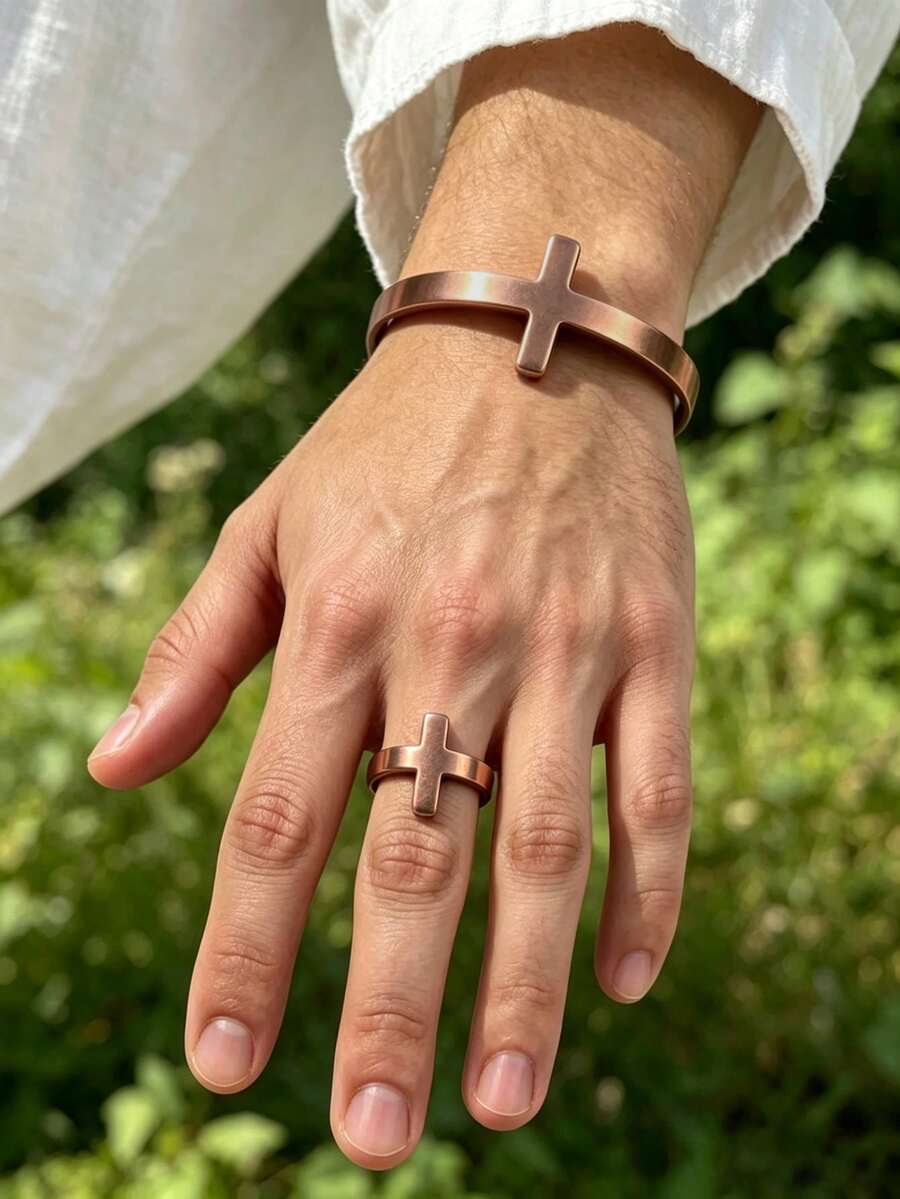 1pc Pure Copper Bracelets Ring Set For Women Men Waterproof Healing Cuff Bracelets And Ring For Men Adjustable Chunky Copper Bangle Jewelry Gifts - Bronze - View 1