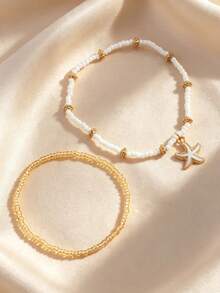 2pcs/Set Summer Bohemian Style Beaded Anklet Set With Starfish And Shell, Women's Beach Anklet - Gold - View 2