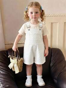 Girls' White Denim Textured Overalls Shorts, Casual Sweet Cute Jumpsuit, Suitable For Daily Wear, Outings, Back To School Season, Spring Summer - White - View 2