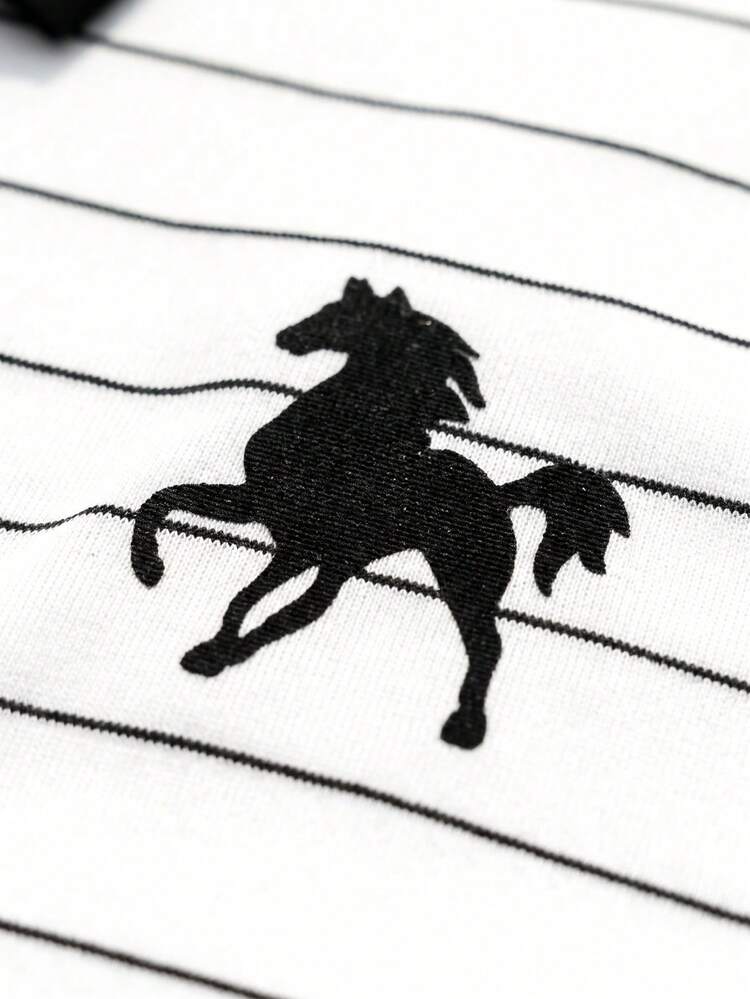 1件大童男孩休閒百搭經典條紋馬標對比印花長袖 Polo 運動衫，秋冬款 - 白色 - 查看 7