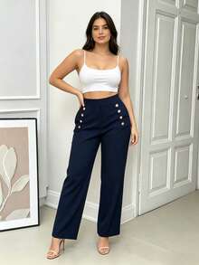 Pantalones de mujer de pierna ancha, con botones decorativos en los laterales y cintura cómoda, ideal para uso diario, oficina y looks elegantes - azul real - Ver 1