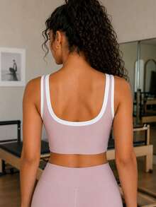 Sodalemon Women's Sports Bra Fitness Tank Top, Contrast Trim Design, Removable Padding, Wavy Neckline, Yoga Workout Tank, Gym Training Running Tank - Mauve Purple - View 2