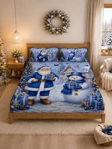 3PCS Christmas Cartoon Snowman & Santa Claus Bed Sheet & Pillowcase Set, (1PC Bed Sheet + 2pcs Pillowcases, Pillow Inserts Not Included,) Polyester Digital Print, Christmas Theme Pattern, Cartoon Warm Christmas Non-Slip Bedding Set, Machine Washable, Bedroom Holiday Home Textile - Multi-color 3 - View 10