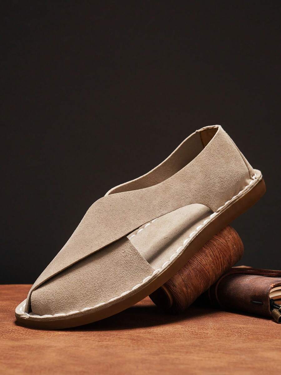 Men's Vintage Fashion Beach Sandals, 39-48 Size Matte Texture Microfiber Leather, Non-Slip Outdoor Casual Vacation Versatile Sandals - Khaki - View 1