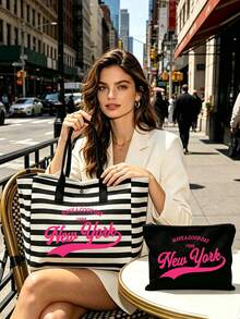 「New York」圖案帆布包套組，大容量黑白條紋沙灘托特包，可折疊帆布單肩包，防水防沙旅行包，適合夏季必需品，完美適用於沙灘旅行、游泳、購物和日常使用，女性、旅行者和沙灘愛好者的理想選擇，適合春假、復活節、度假和禮物，耐用編織材質，可用作沙灘包、購物袋和旅行伴侶，返校季適用 - 彩色 - 查看 8