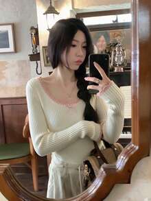 Sweet Pure Korean Style Long Sleeve Knit Sweater With Bow Design, Unique Slim Fit Base Layer Top For Autumn/Winter Fall - Apricot - View 4