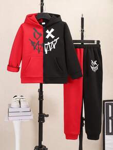 Purechapter 2pcs Tween Boys Fashion Casual Funny Smiling Face Contrast Color Zipper Fleece Hoodie Jacket And Sweatpants, Suitable For Halloween Outfit, Daily Outdoor Party Activities, Autumn/Winter - Multicolor - View 2