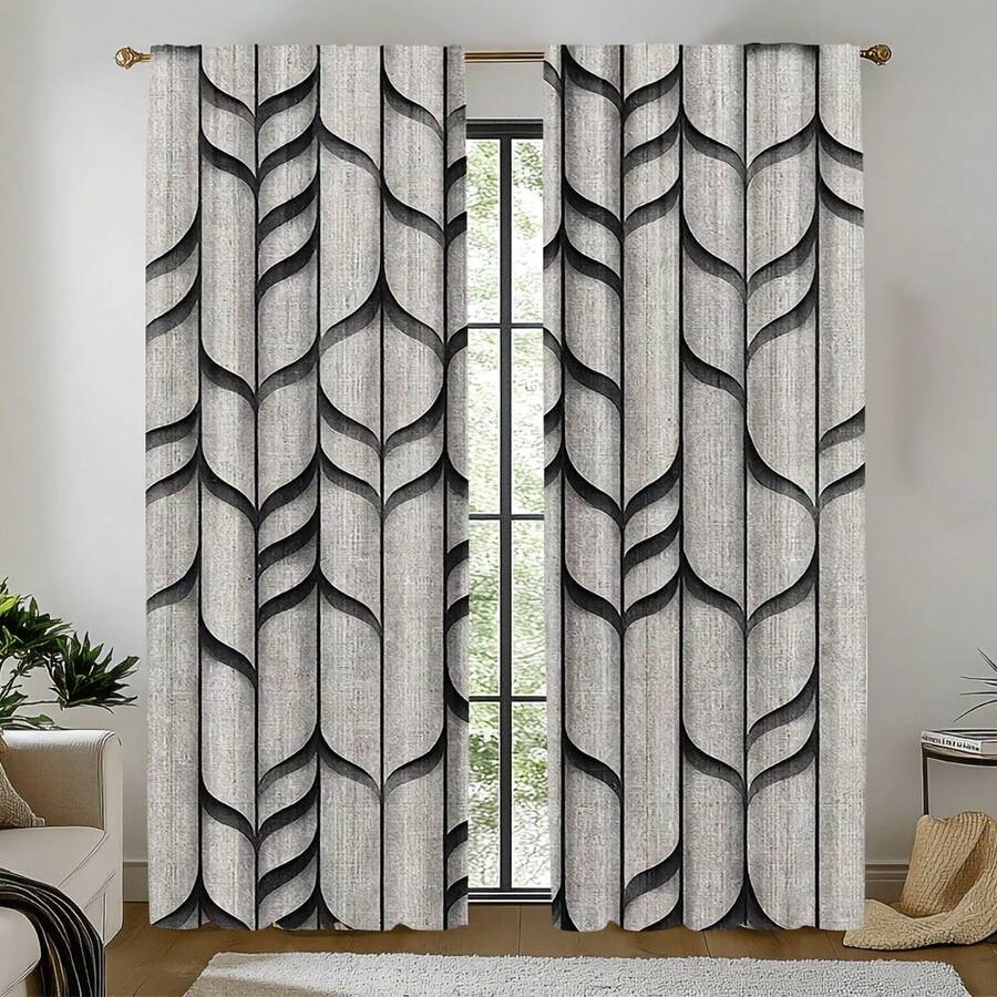 2pcs Digital Printed Curtains, Gray & Black Wave Geometric Pattern, Modern Industrial Style, Suitable For Living Room, Bedroom, Office Decoration - Multicolor - View 1