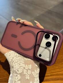 奢華半透明磨砂壓克力磁吸支架酒紅色手機殼，適用於 iPhone 18 Pro Max、17 Pro Max、Air、16、15、14、13、12、11 Pro Max Plus，支援磁吸無線充電，16 Pro 機殼，親膚手感金屬鏡頭環防震保護套 - 櫻桃紅色 - 查看 4