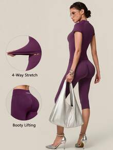 TimeOff Women's One Set Solid Color Seamless Round Neck Short Sleeve Ribbed Waist Mid-Length Pants Sports Set - Purple - View 3