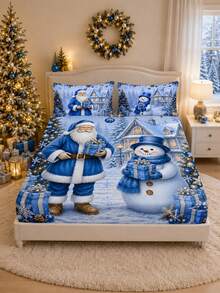 3PCS Christmas Cartoon Snowman & Santa Claus Bed Sheet & Pillowcase Set, (1PC Bed Sheet + 2pcs Pillowcases, Pillow Inserts Not Included,) Polyester Digital Print, Christmas Theme Pattern, Cartoon Warm Christmas Non-Slip Bedding Set, Machine Washable, Bedroom Holiday Home Textile - Multi-color 3 - View 2