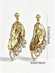 2 pièces Boucles d'oreilles pendantes asymétriques élégantes et exquises avec feuilles et franges, incrustées de CZ en métal doré, convenant pour les fêtes, les rassemblements, les cadeaux - Doré - Voir 5