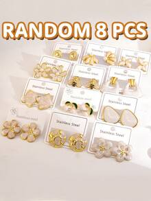 VceTd 8/12/14/16/24PCS Random Women's Earring Set, Decorated With White Enamel Craft, Gentle Girl Style Stainless Steel Stud Earrings Suitable For Women To Wear During Beach Vacation Or Casual Occasions - Yellow Gold - View 3