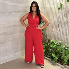 Macacão Feminino Poliéster Com cinto Regata Plus Size Casamento Diário Todas as Estações - Vermelho - Visão 5