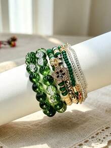 7pcs/Set Bohemian Style Layered Color Block Beaded Jewelry With Flower Pendant, Versatile Multi-Layer Bracelet For Women - Green - View 13