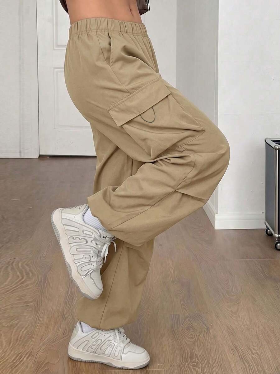 1pc Teen Girls Loose Flap Pocket Side Drawstring Cargo Pants, Suitable For Spring, Summer And Autumn/Winter - Khaki - View 1