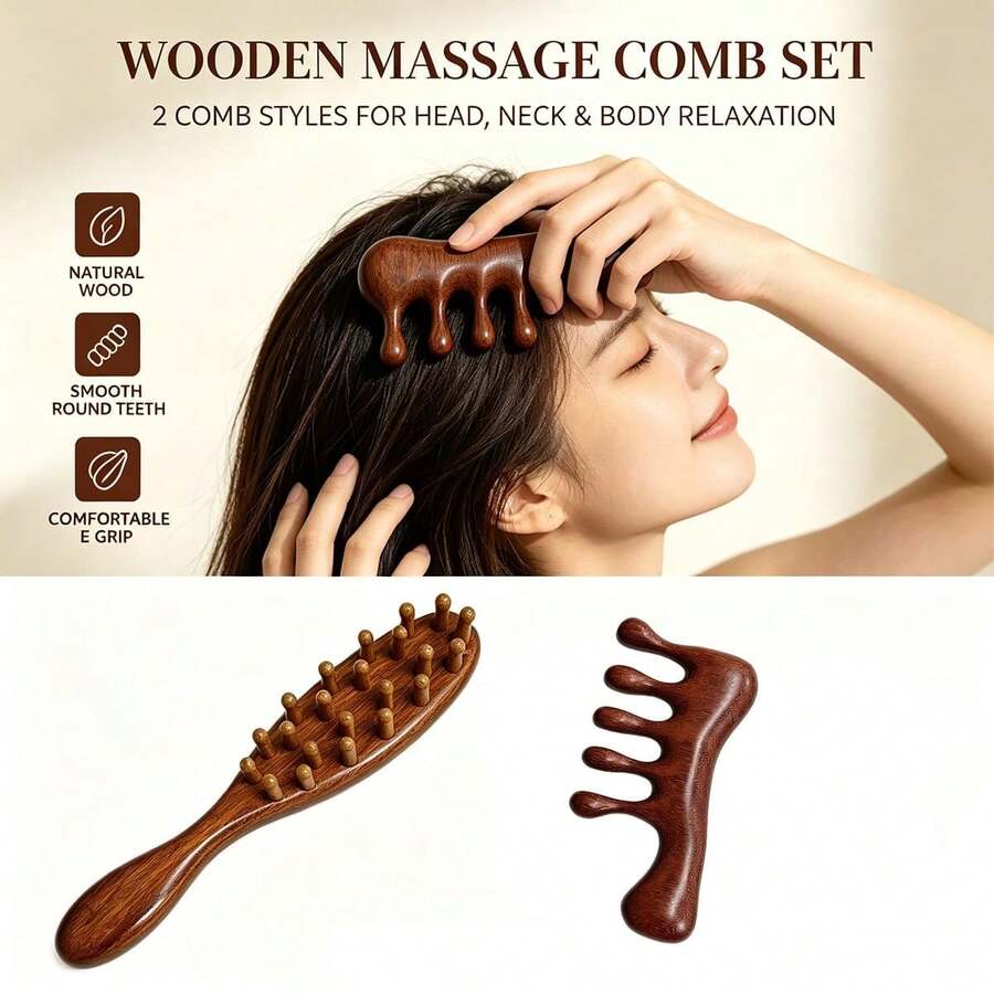 2Pcs Wooden Massage Comb Set, 5 Claw Scalp Massager And Round Teeth Head Massage Brush, Natural Wood Hair Scratcher For Head Neck Shoulder Daily Relax - Brown - View 1