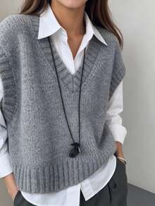 New Autumn/Winter Women's Minimalist V-Neck Pullover Vest - Light Grey - View 5